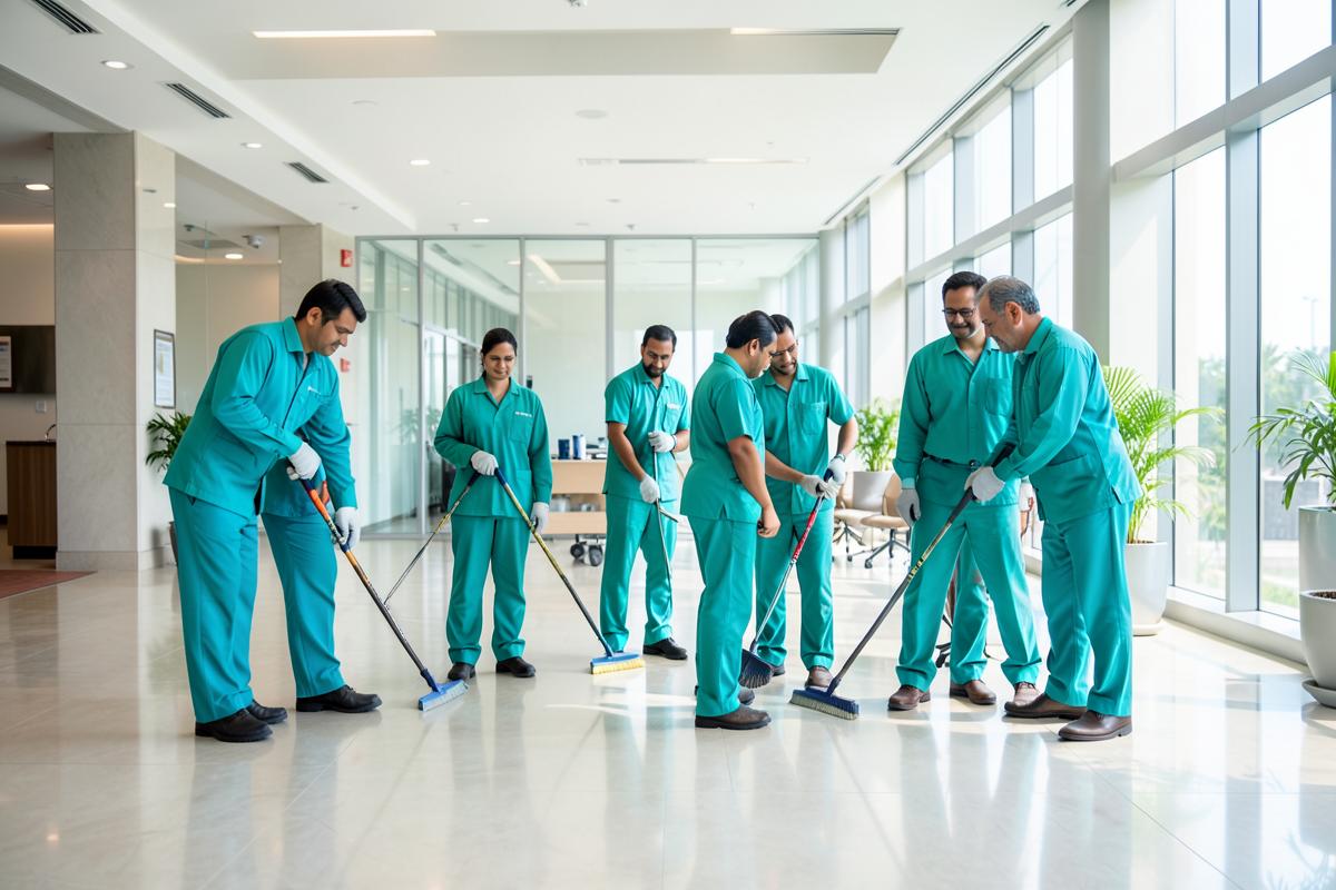 DFS housekeeping team maintaining a corporate lobby floor