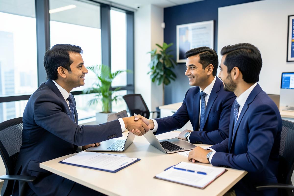 DFS team discussing a staffing requirement with a client in an office